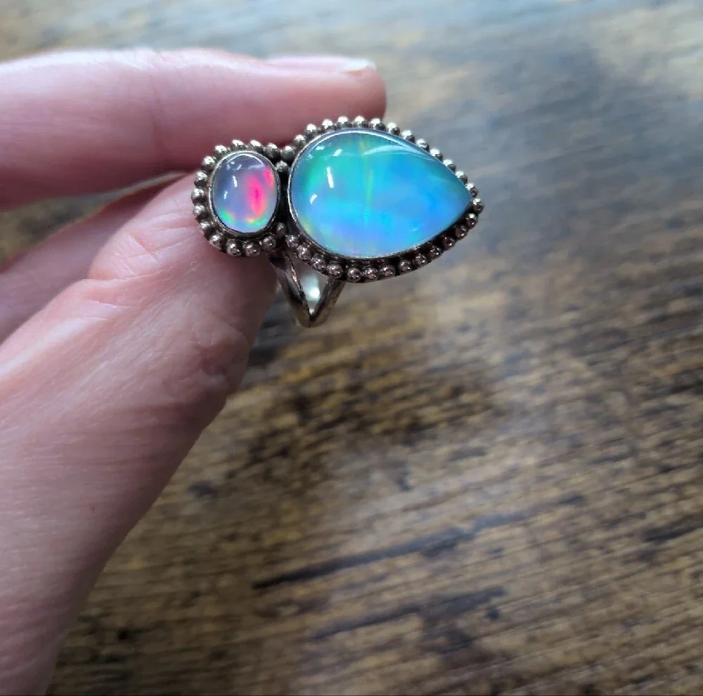 Sterling Teardrop Opal Double Stone Ring - Iridescent Blue-Pink